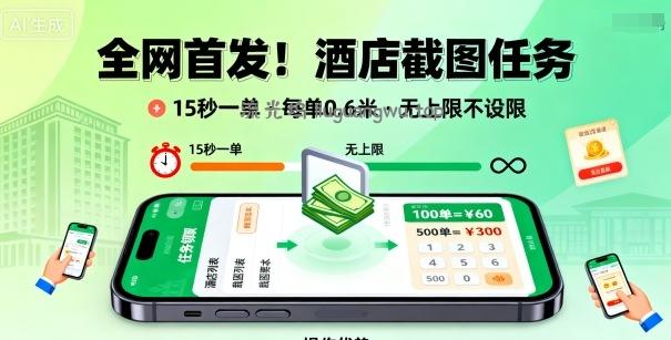 全网首发!酒店截图任务,15秒一单,每单0.6米,任务无上限不设限,矩阵操作单日3张到手【揭秘】