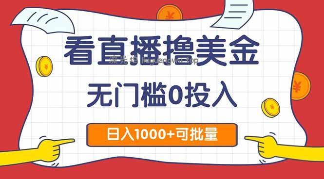 看直播撸美金2.0，无门槛0投入，单日可达1000+，可批量复制